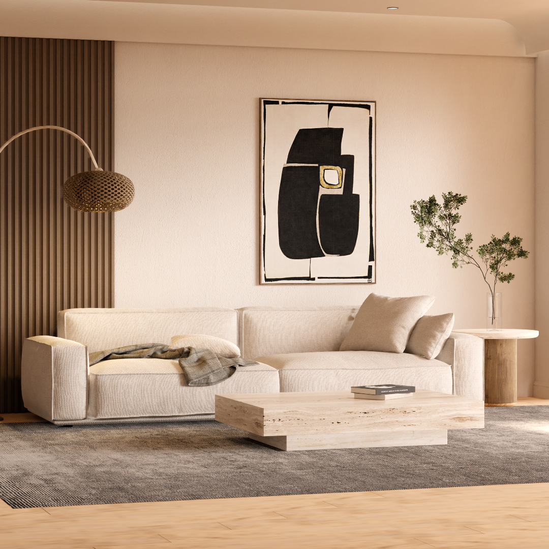 Image of a welcoming lounge room with beige couch, grey rug, modern lighting, art and panelled walls
